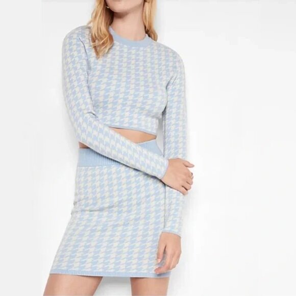 Express Houndstooth Strong Shoulder Pad Cropped Sweater Mini Skirt Set Plaid - Picture 4 of 8